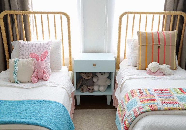 These two toddler beds were made out of a Jenny Lind style crib. They work perfectly in the girls shared bedroom!